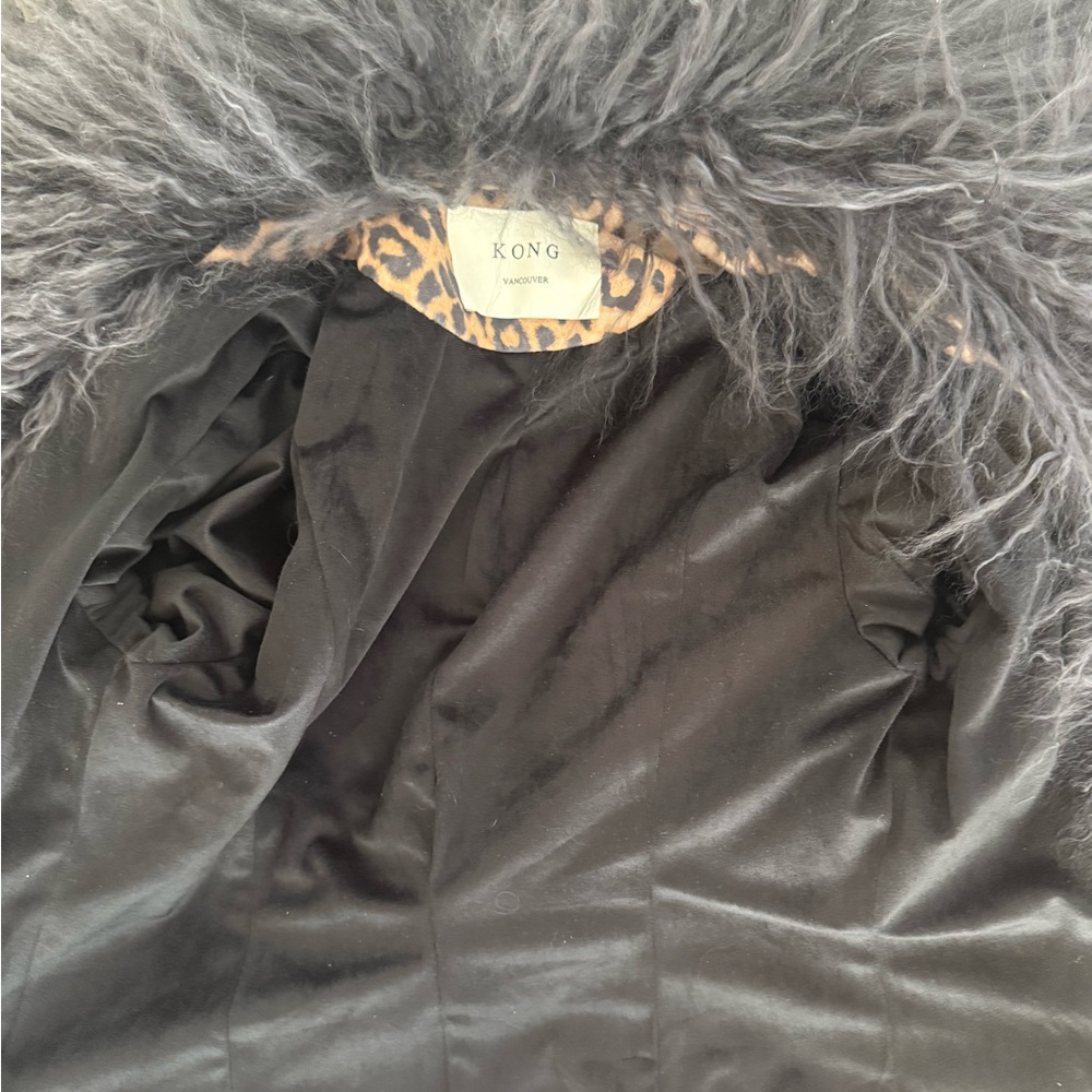 KONG Leopard Suede Mongolian Lamb Trim Jacket - Charcoal- Size S - Picture 8 of 11